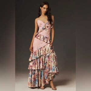 BHLDN Pink Floral Ruffle Maxi Dress